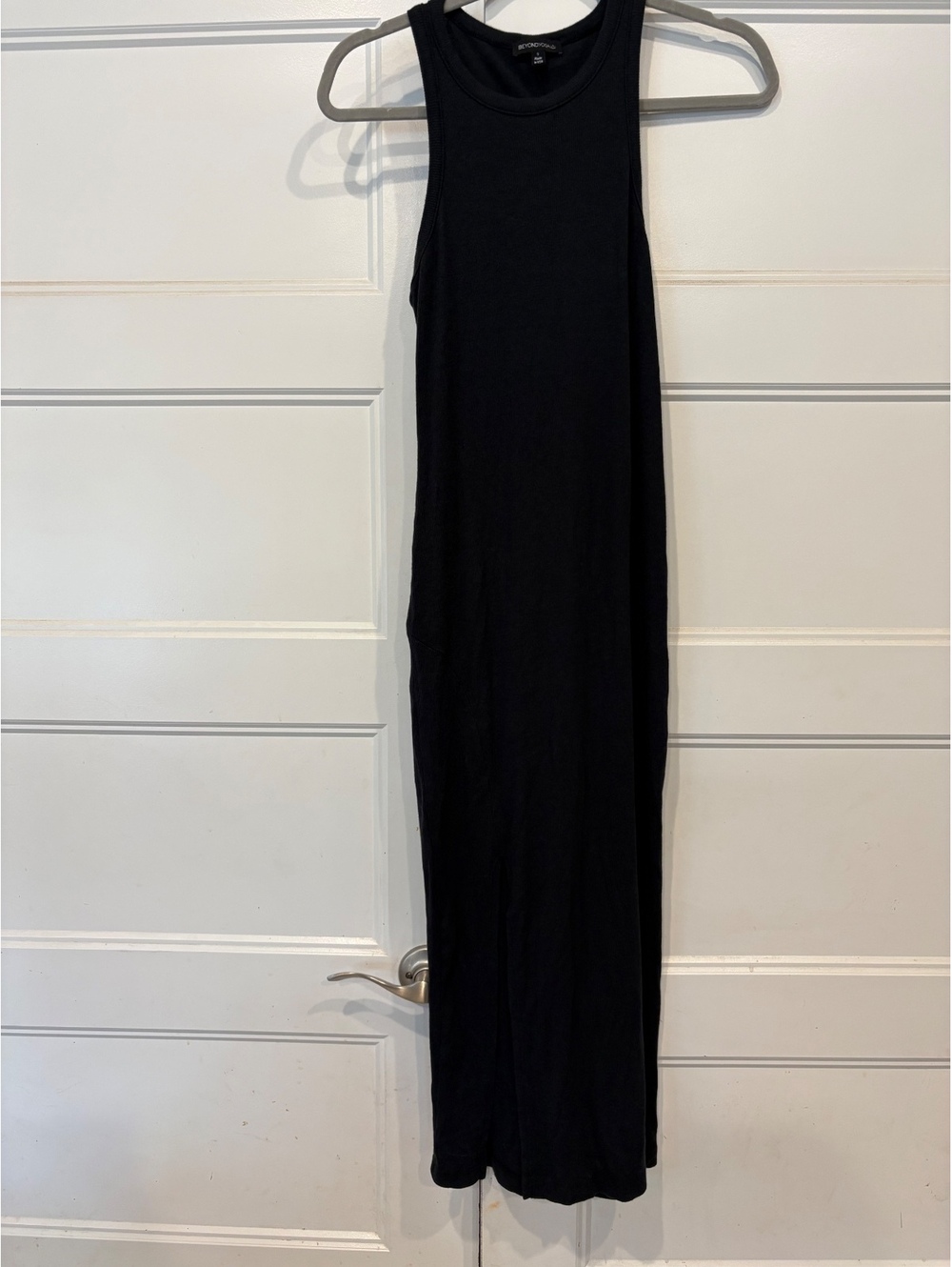 Beyond Yoga Black Ribbed Tank Maxi Dress S Modal Cotton Side Slit Made USA